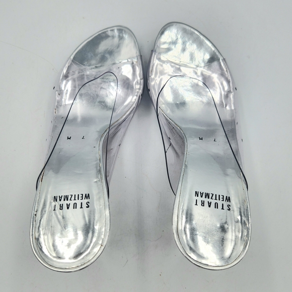 Stuart Weitzman Kristal Clear Lucite PVC Silver Mule Heels Womens 7 Open Toe - Picture 6 of 15